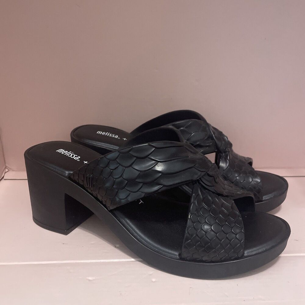 Melissa x Baja East Mule Sandals Black Python Embossed Block Heel Size 7 38
